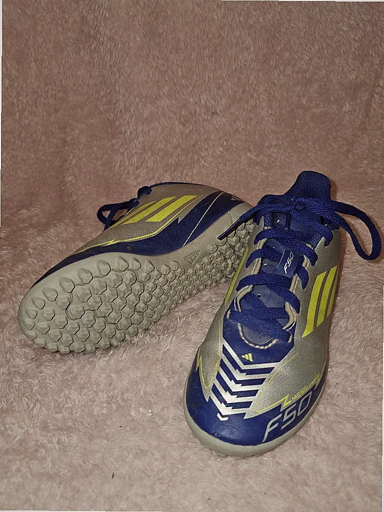 Adidas F50 Messi Youth Turf Soccer Cleats Silver Blue Yellow Size 12K Lace Up