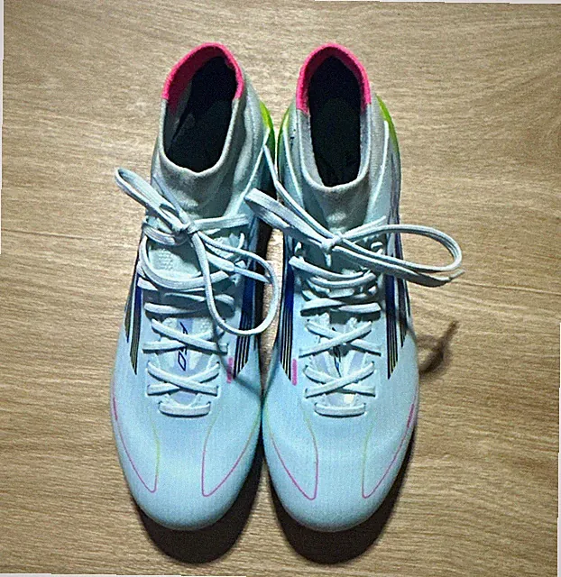 adidas F50 Soccer Cleats White Pink Yellow Blue Lace-Up Mid Top Plastic