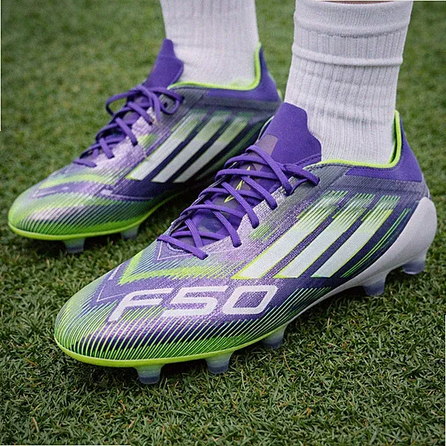 Adidas F50 Soccer Shoes Mens Size 7.5 Purple Green Firm Ground Cleats Logo