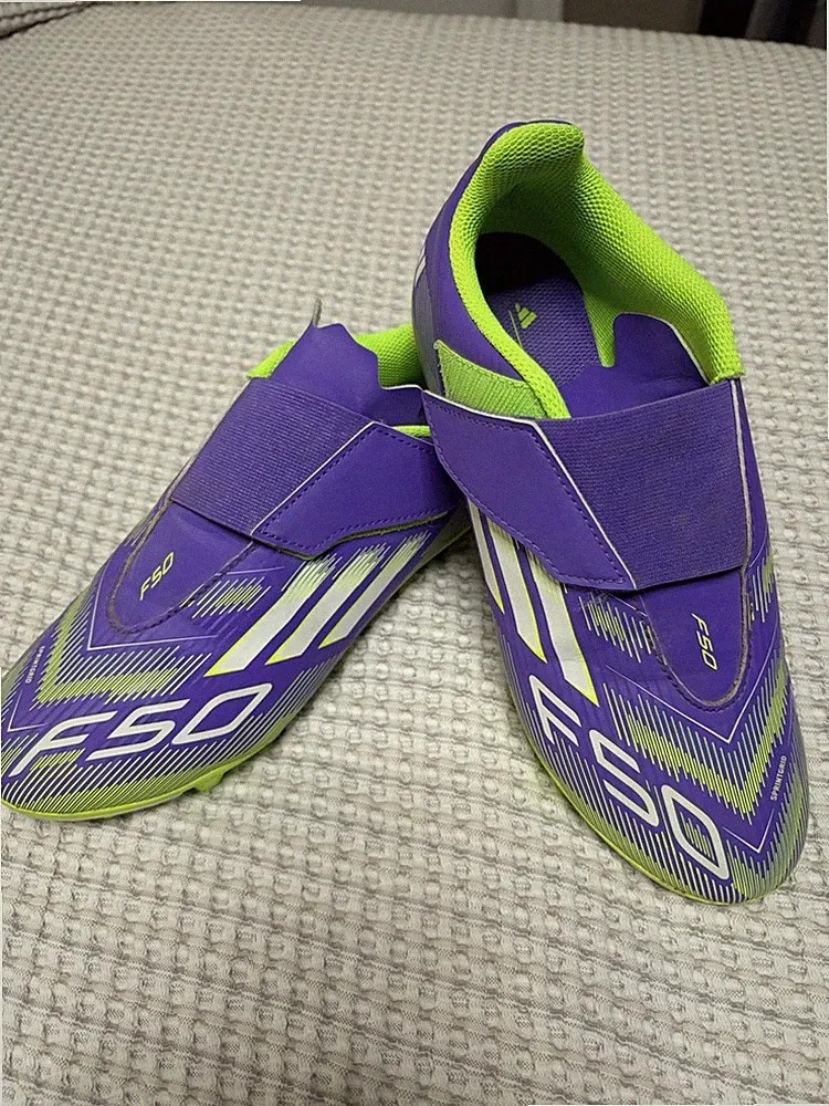 adidas F50 Unisex Youth Soccer Cleats, Purple/Green, Hook & Loop, US 4.5Y