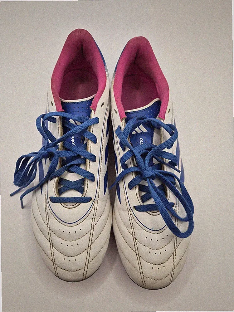 Adidas Goletto IX soccer cleats in a white, blue, and pink size 7