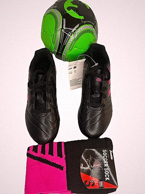 Adidas Goletto VII FG J Kids Soccer Cleats Sz 12K Blk/Pink w/Ball & Socks FV2895