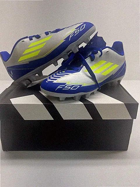 Adidas kids 12K F50 Club Messi soccer cleats Silver Metallic,Yellow, Blue