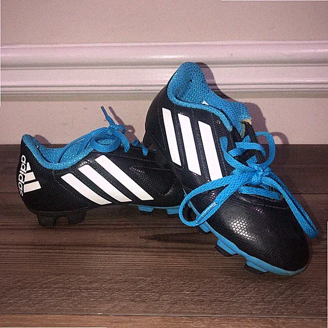 Adidas Kids Size 11 K Black, White And Blue Soccer Cleats ￼