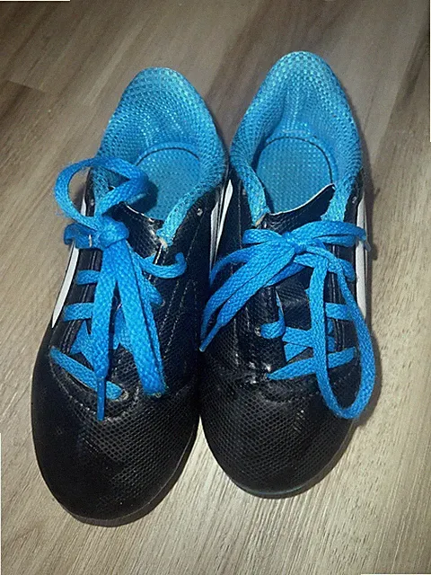 Adidas kids size 12K soccer Blue and black and white cleats