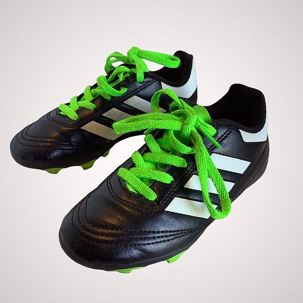 Adidas Kids Soccer Cleats Black/White With Neon Green Laces Studs Size 10.5