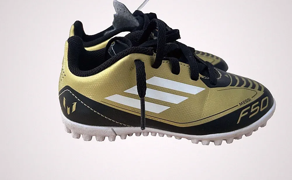 Adidas Messi F50 Club Kids Turf Soccer Shoes Gold Black Size 10.5K Boys Cleats