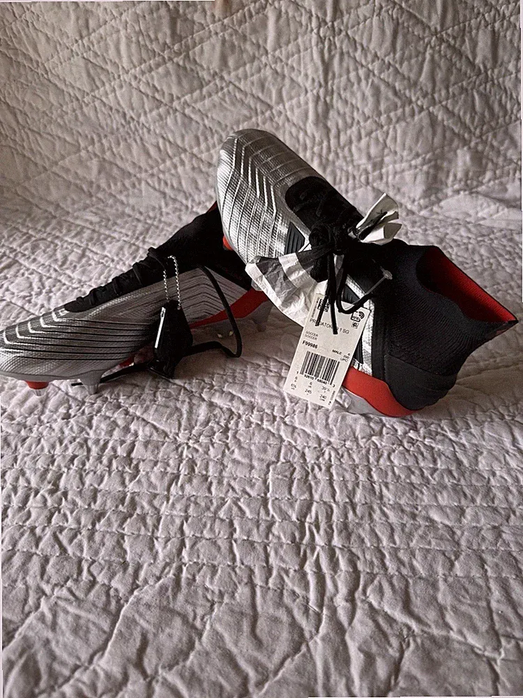 adidas Predator 19.1 SG Metal Soccer Cleats Lace-Up Mid Top Silver/Black/Red