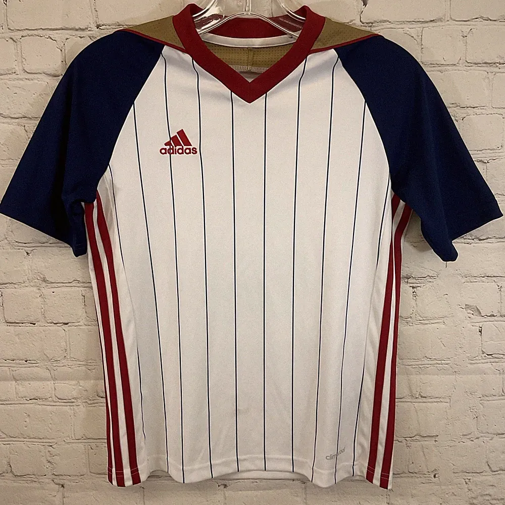 Adidas QA0040 CLIMACOOL 100% Polyester Soccer Jersey White Blue Red Gold Medium