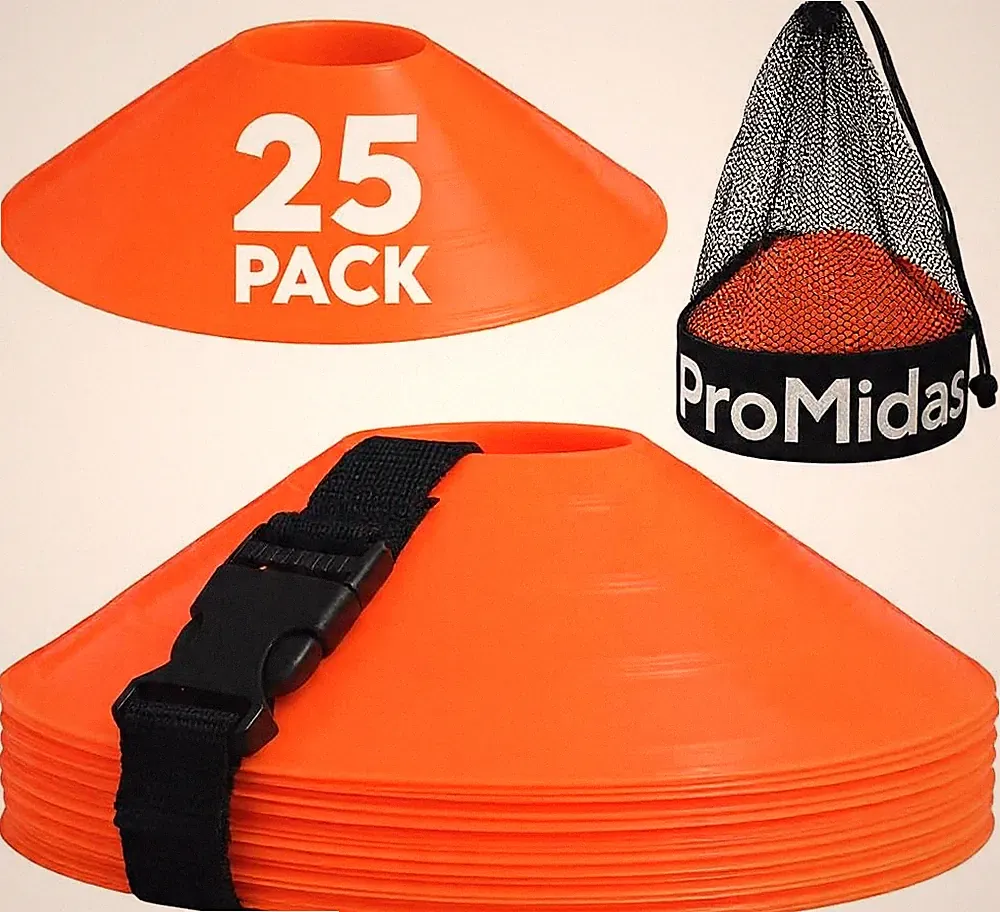 Agility Cones Training Soccer Kids 25 Pack Orange Disc Flat Flexible Heavy-Duty