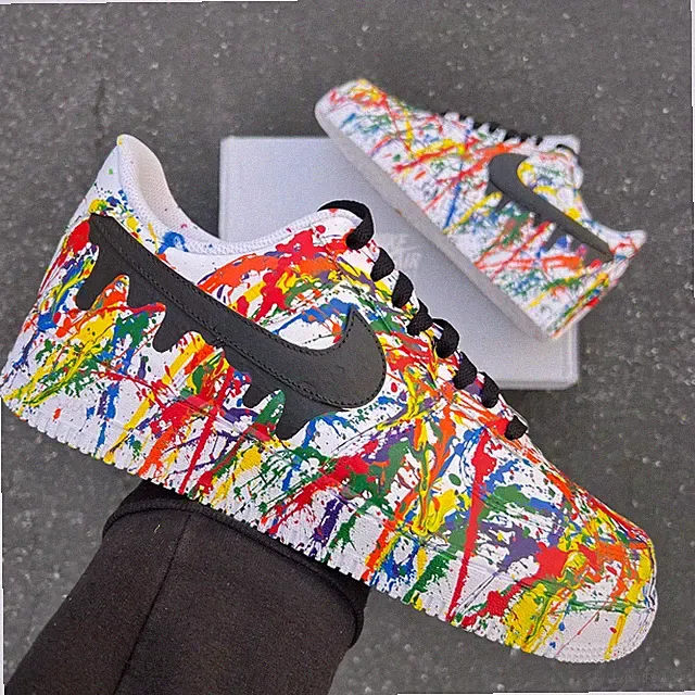 Air Force 1 Custom Drip Swoosh Mens Shoes, Color Chaos Splatter with Black Laces