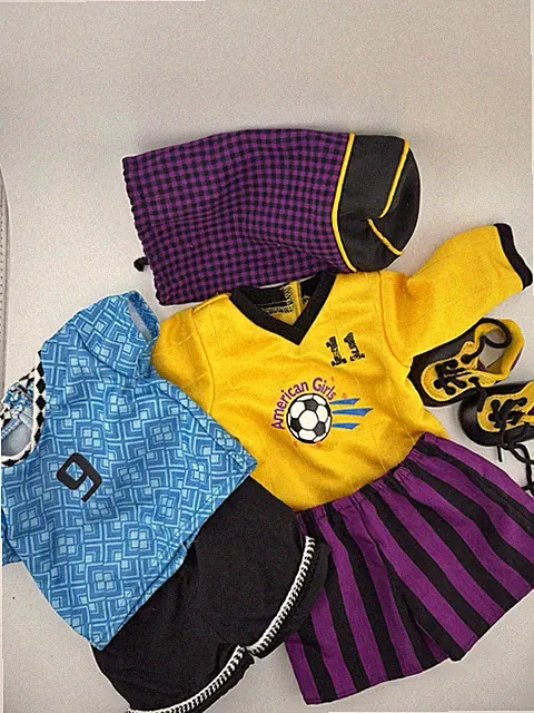 American Girl Vintage 1996 Soccer Outfit Lot 2 Sets Jersey Shorts Cleats Bag