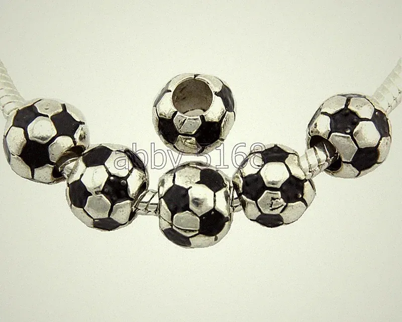 Antique Silver /P Black Soccer Ball Beads Fit Charm Bracelet Choose Qty H37