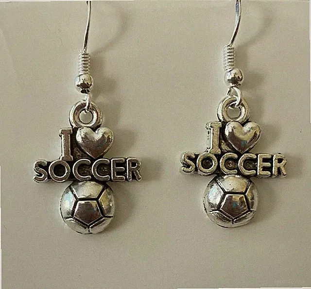 Awesome New Tibetan Silver I Love Soccer Ball Charm Hook Dangle Drop Earrings