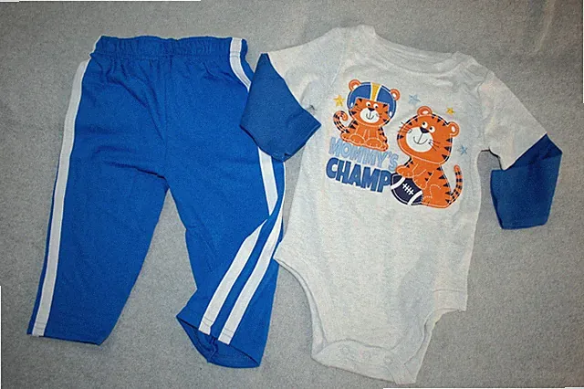Baby Boys GRAY L/S SHIRT Tiger Football MOMMY'S CHAMP Blue Knit Pants 12 MO