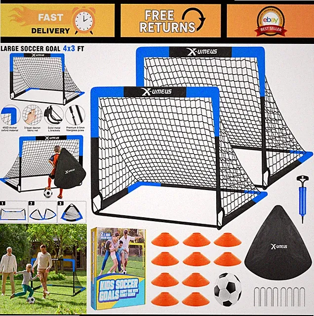 Backyard Kids Soccer Goals Set of 2 - 4x3ft/6x4ft with Ball, Cones & Pop-Up Net