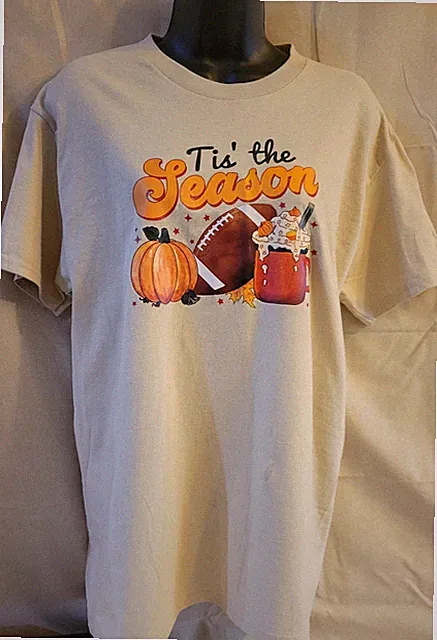 Beige Graphic Print Football Pumpkin Autumn Jersey T-Shirt Size L womens