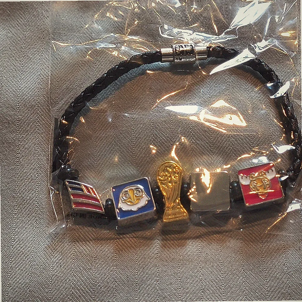 Black Braided Leather Charm Bracelet, Barrel Closure, Enamel Soccer Trophy