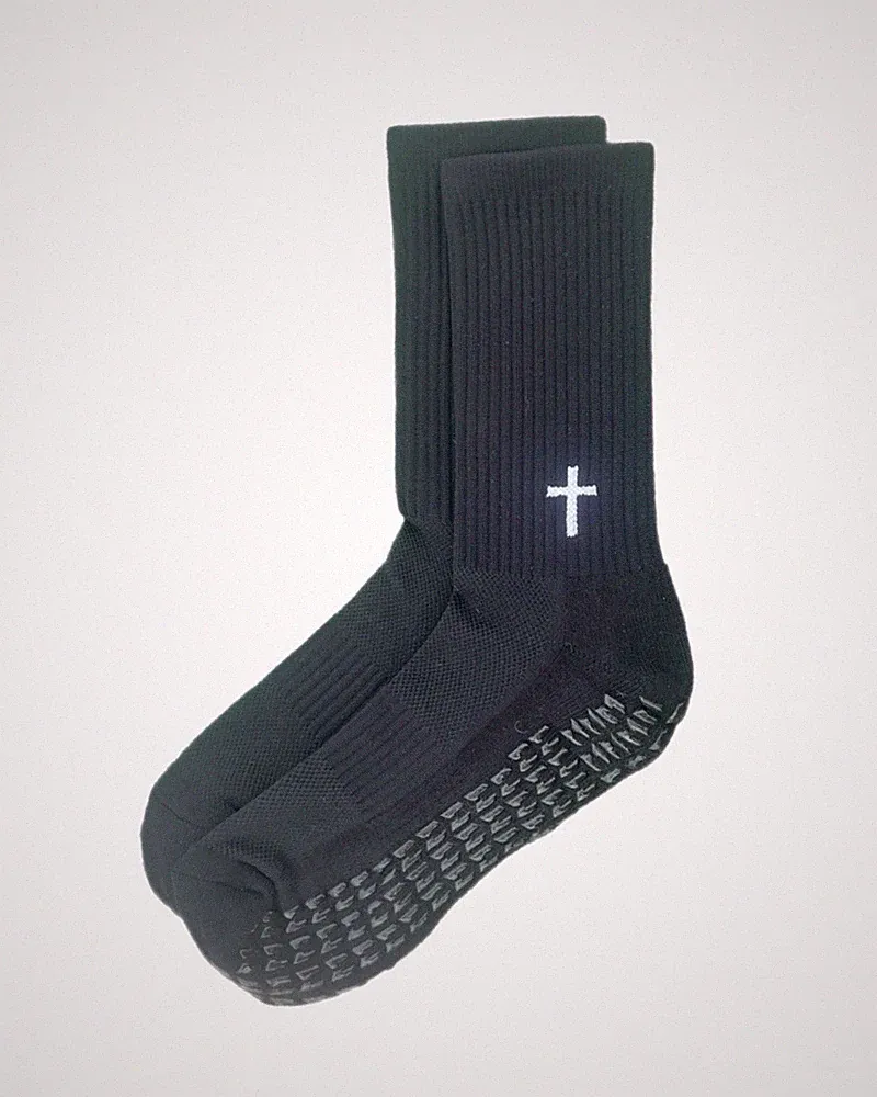 Black “Cross” Grip Athletic Soccer Socks Mid Calf for Men