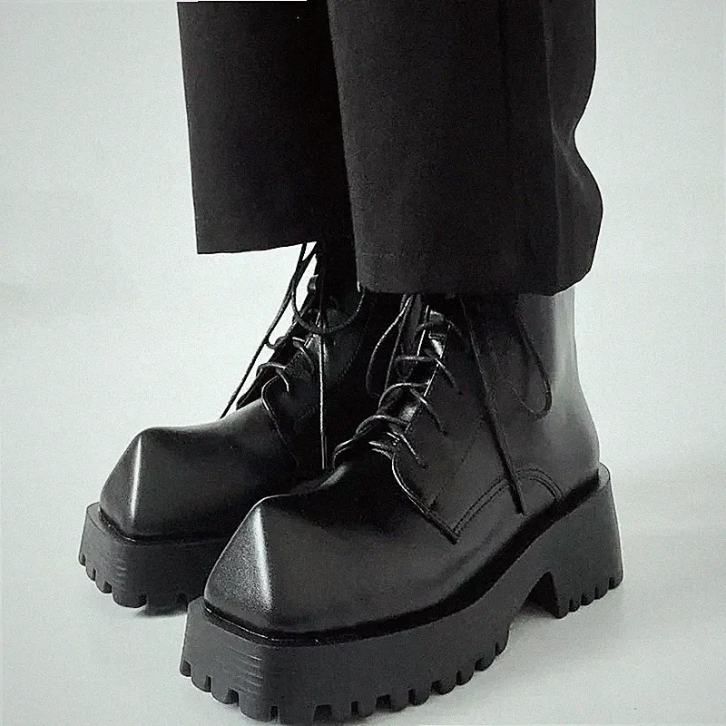 Black Rhino Horn Square Toe Mid-Calf Motorcycle Boots Men Platform Leather Shoes
