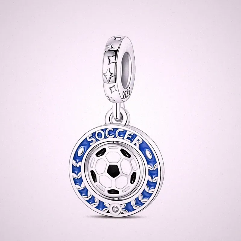 Blue Soccer Medal Dangle Charm Fit Bracelet Necklace, 925 Sterling Silver