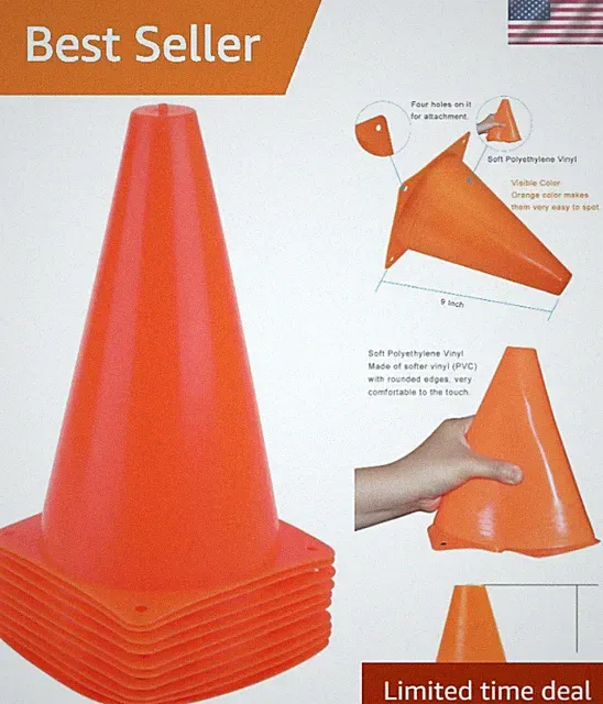 Bright Orange 9-Inch Training Cones Set - Ideal for Soccer, Football, Basketball