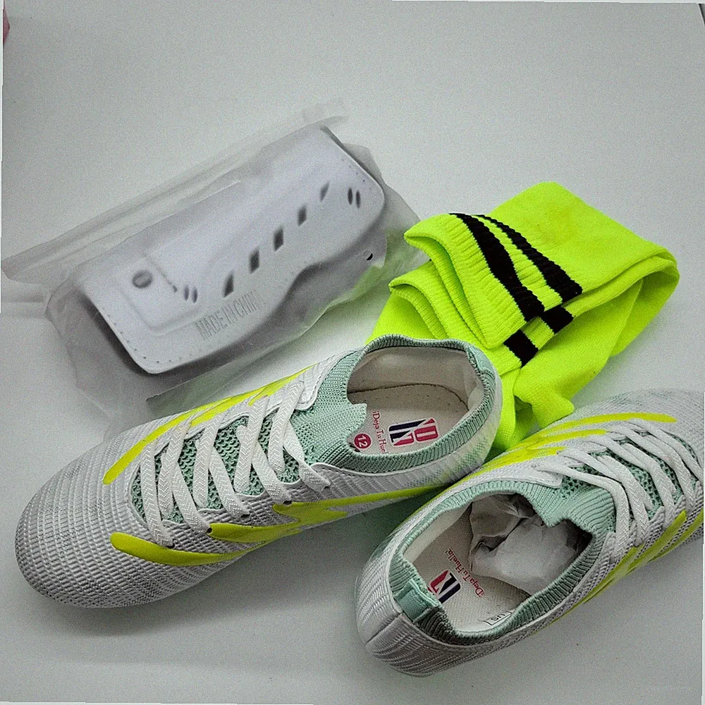 brooman Kids Firm Ground Soccer Cleats Football Shoes Shin Guards Socks White 12