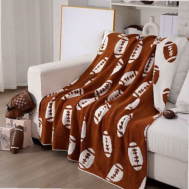 Brown White Football Knit Throw Blanket Reversible Sports Knitted 50x60 Inch