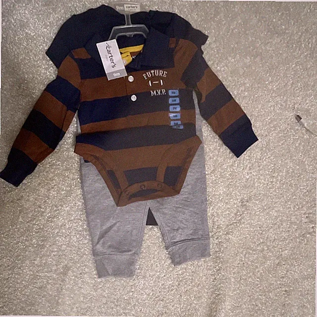 Carter's Football Navy Brown Bodysuit & Gray Pants Set 9M Long Sleeve 3 Piece