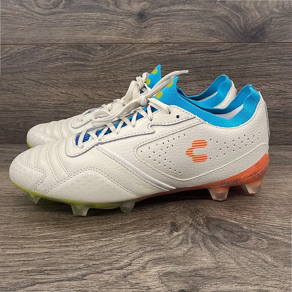 Charly Men's Tyrian LT Soccer Cleats White Blue Orange Leather Size US 7.5