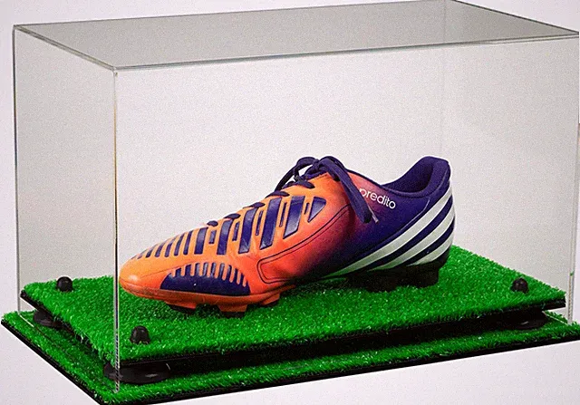 Clear Shoe Display Case for Soccer Cleat w/ Black Risers & Turf Base (A013-BR)