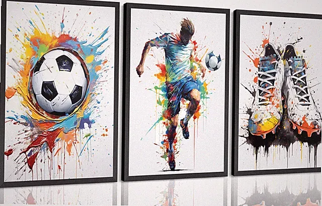 Colorful Soccer Canvas Wall Art - 3 Piece Framed Soccer Ball Player Cleats Po...