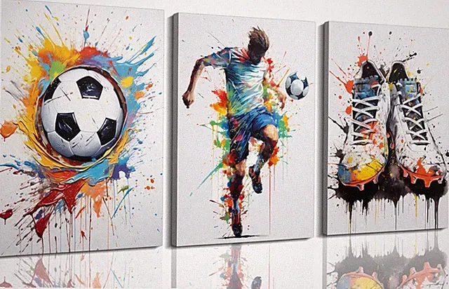 Colorful Soccer Canvas Wall Art - 3 Piece Framed Soccer Ball Player Cleats Po...