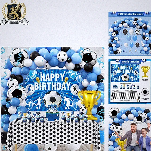 Complete Soccer Party Supplies - 97Pcs Blue Decor with Balloons & Cake Toppers