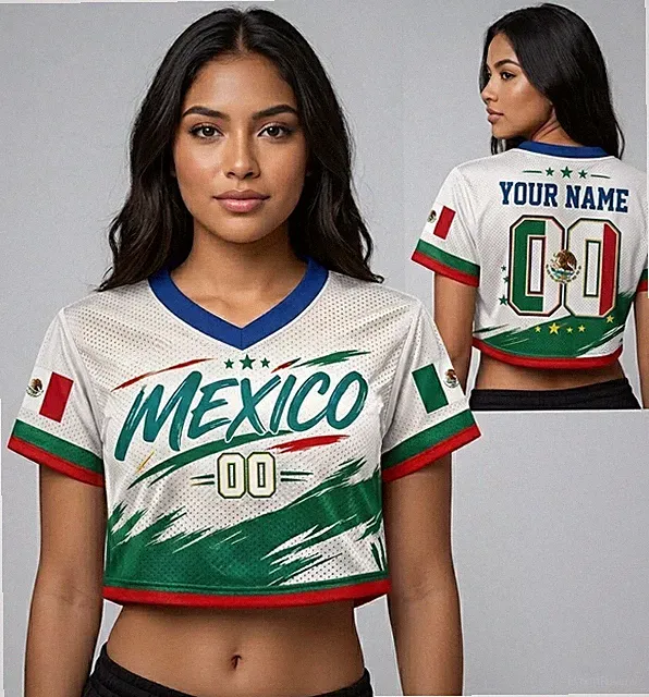 Custom Mexico Football Crop Top Shirt Women White Soccer Jersey Personalized Nam