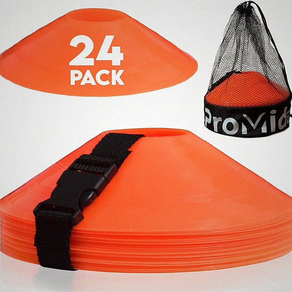 Disc Soccer Cones for Training Kids with Mesh Bag & Strap - Orange - 24 Pack