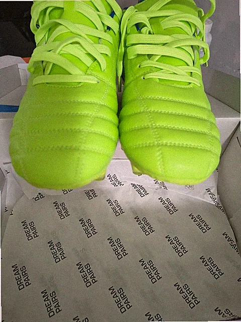 DREAM PAIRS SUPERFLIGHT-1 Soccer Cleats Neon Green Royal Blue Plastic Lace Up