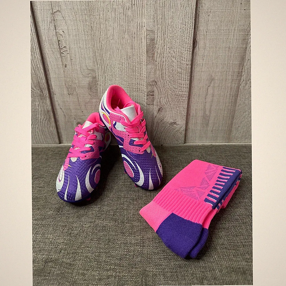Dream Pairs Youth Soccer Cleats Pink Purple White KKUMSO2503 Size 13 with Socks
