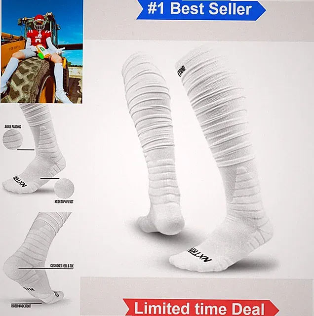 Extra Long Padded Scrunch Football Socks Cotton Blend Knee High Cleat