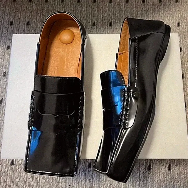Fashion Leather Square Toe Loafers Men Women Boots Slip on Shoes Moccasins Black
