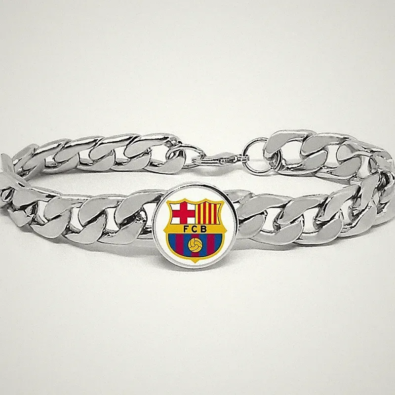 FC Barcelona Soccer Futbol Silver Mens Curb Link Chain Bracelet w Gift Pkg D4
