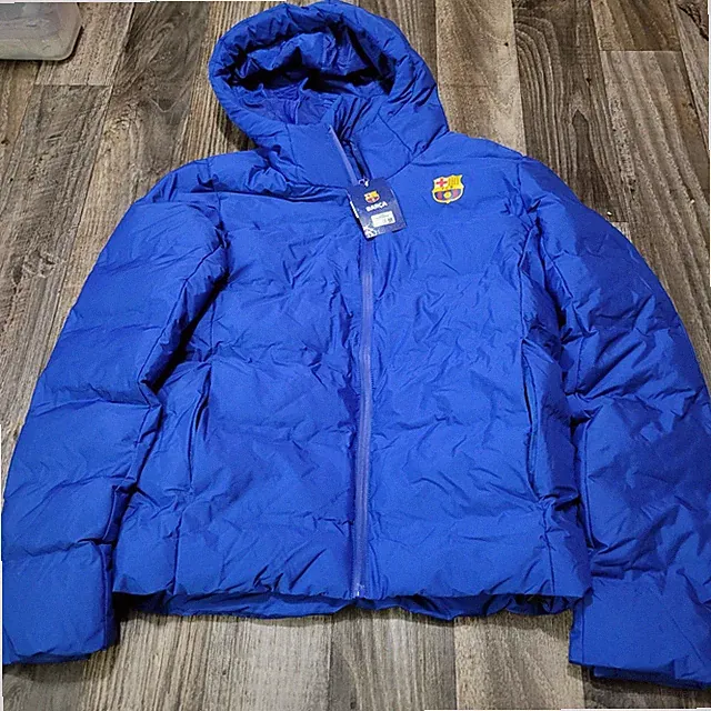 FCB Barcelona Mens Hooded Soccer Blue Full Zip Puffer Jacket Medium