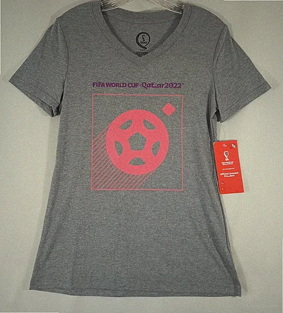 FIFA World Cup Qatar 2022 NEW V-neck Women's Small T-shirt Grey Soccer FAST Ship