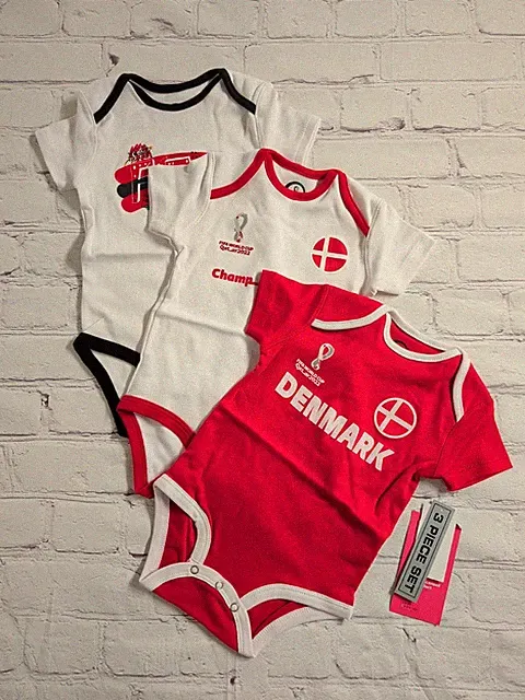 FIFA World Cup Qatar Team Denmark Newborn baby One Piece 3 piece Set 12 mo - NEW