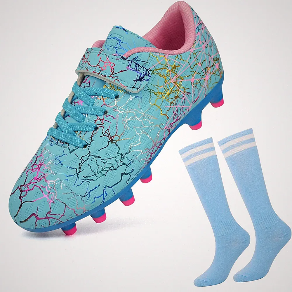 Firm Ground Soccer Cleats Boys Girls Football Cleats with Soccer Socks (11,Blue)