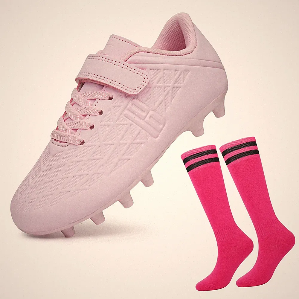 Firm Ground Soccer Cleats Boys Girls Football Cleats with Soccer Socks (3.5,P...