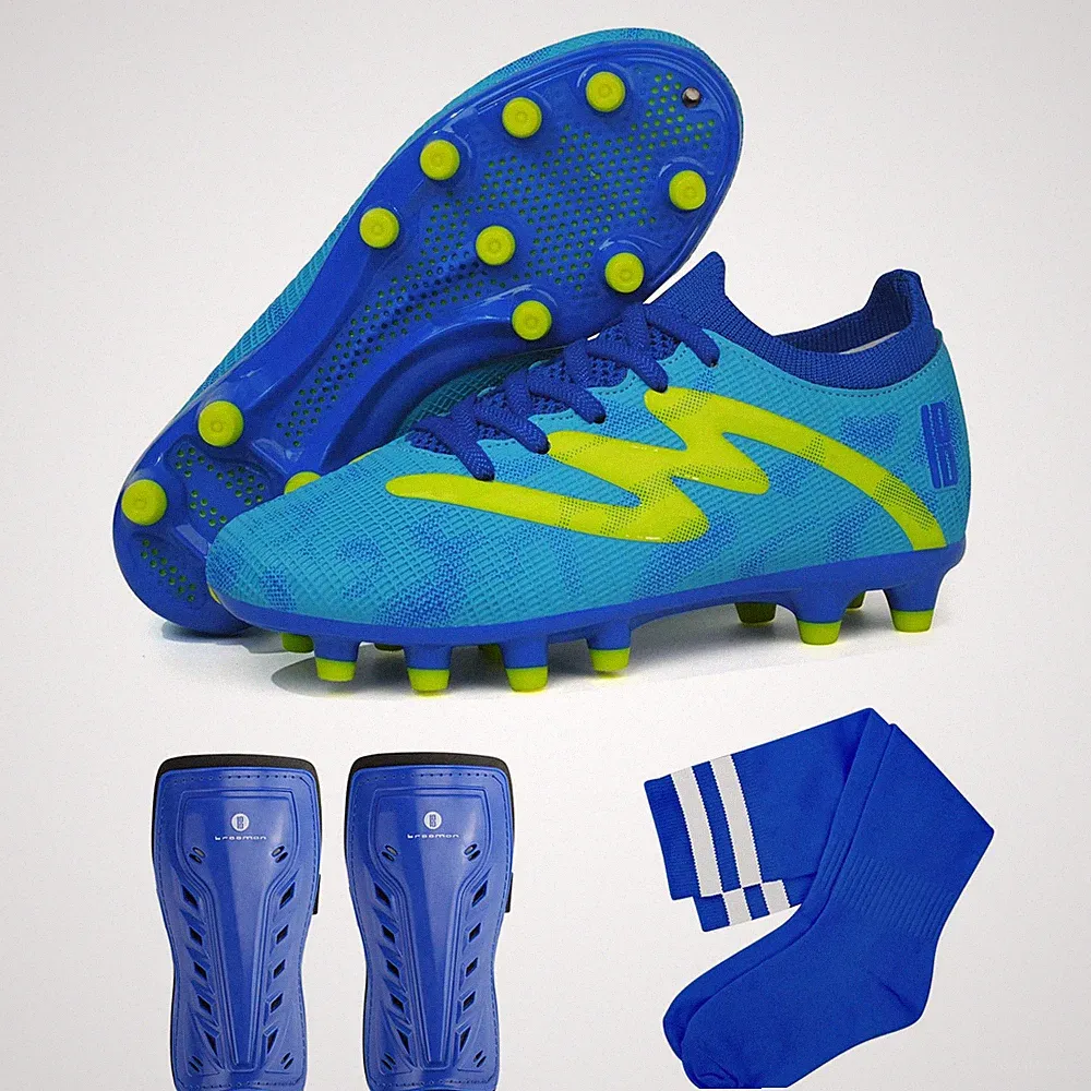 Firm Ground Soccer Cleats Boys Girls Football Shoes with Shin Guards and Socc...