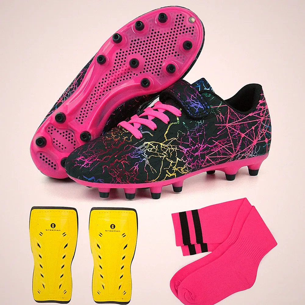 Firm Ground Soccer Cleats Girls Football Cleats with Shin Guards and Soccer S...