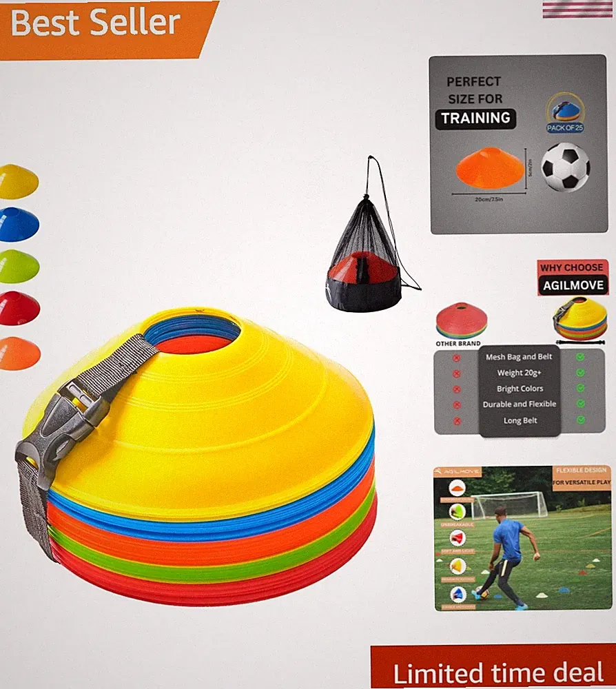 Flexible Soccer Cones Set of 60/50/40/25 with Mesh Bag & Strap, Sports Cones...