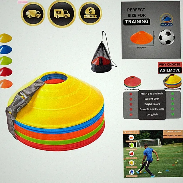 Flexible Soccer Cones Set of 60/50/40/25 with Mesh Bag & Strap, Sports Cones...